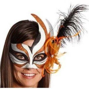 Masquerade Mask Halloween Mardi Gras White & Orange Feather Bird Ceramic Party